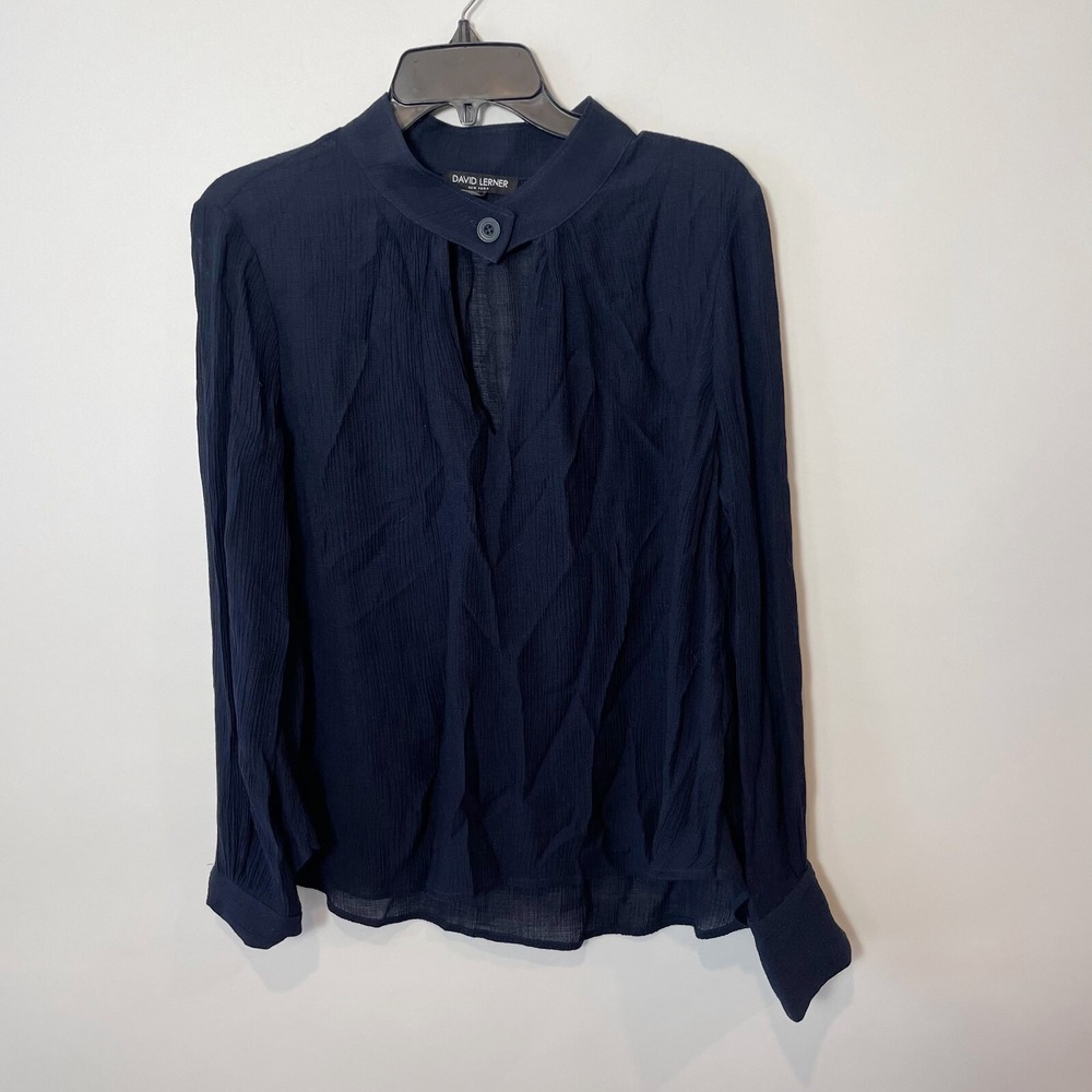David Lerner Split Neck Blouse Womens L Navy Blue Crinkle Fabric Long Sleeve‎